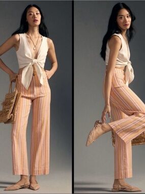 Anthropologie Colette Striped Crop Wide-Leg Linen Cotton Pants Pink Orange Cream